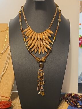 Amber-Tone Multi-Strand Tassel Necklace - Unbranded